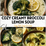 Bowl of creamy broccoli lemon soup with Italian broccoli florets and fresh lemon slices on a cozy table setting. 26